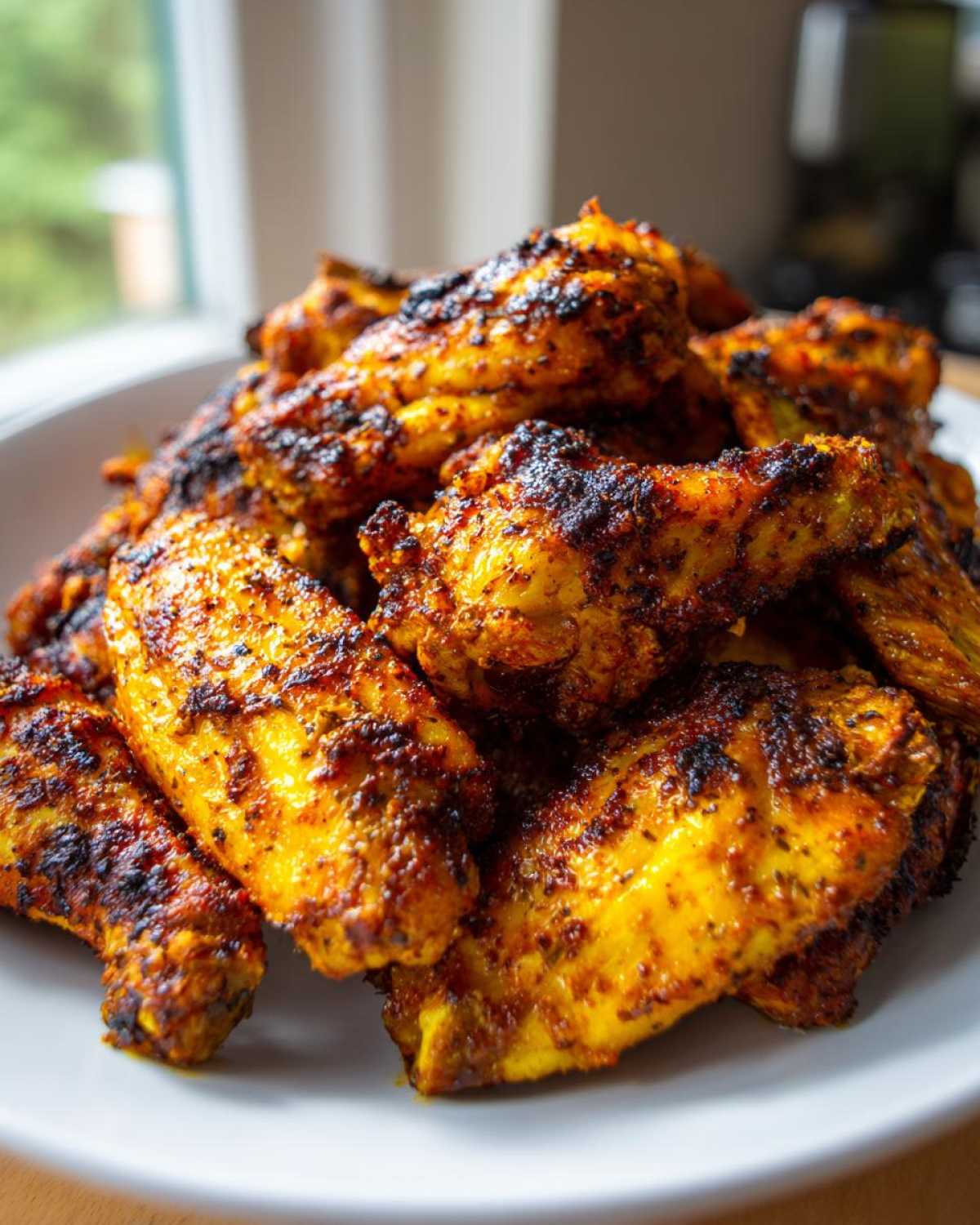A close-up of a pile of crispy, golden Air Fryer Lemon Pepper Wings seasoned with dark spices.