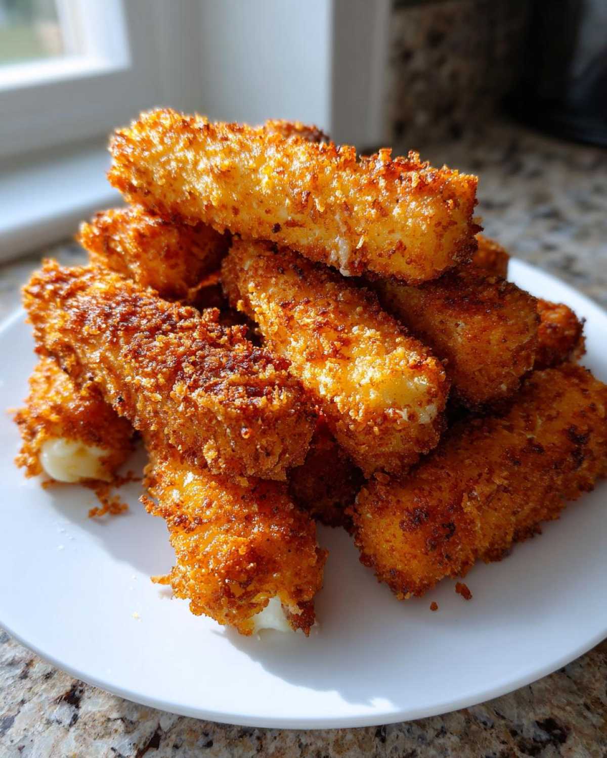 A pile of golden brown, crispy Air Fryer Mozzarella Sticks showing melted cheese oozing out slightly.