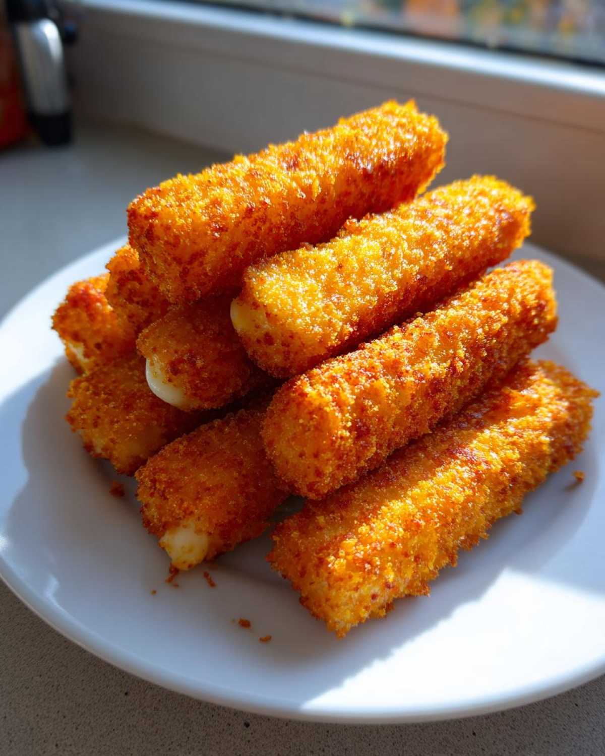 A stack of perfectly golden and crispy Air Fryer Mozzarella Sticks piled high on a white plate, with melted cheese peeking out.