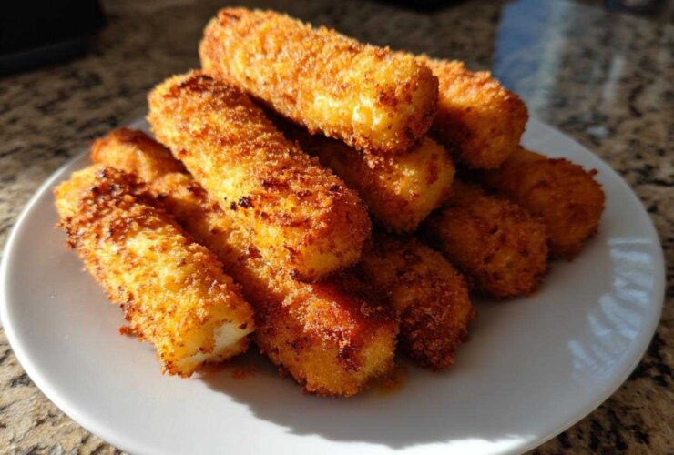 A pile of crispy, golden brown Air Fryer Mozzarella Sticks stacked high on a white plate.