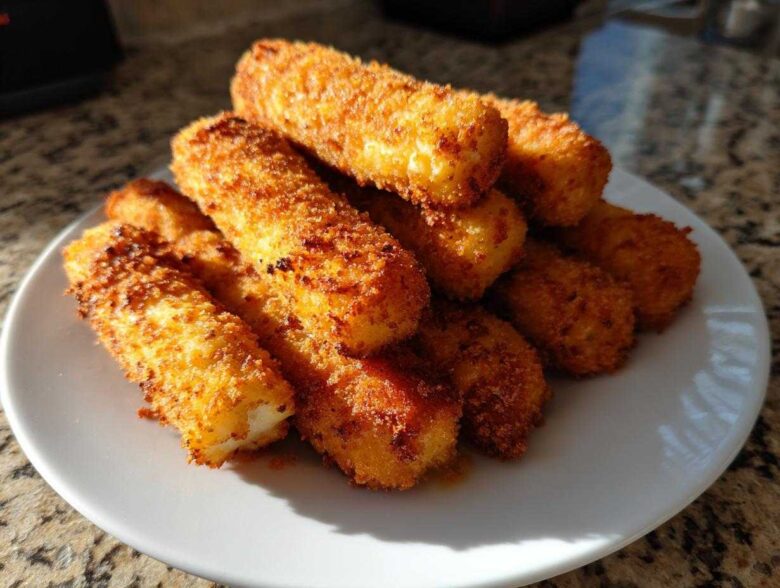 A pile of crispy, golden brown Air Fryer Mozzarella Sticks stacked high on a white plate.