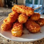 A pile of crispy, golden brown Air Fryer Mozzarella Sticks stacked high on a white plate, with melted cheese visible.