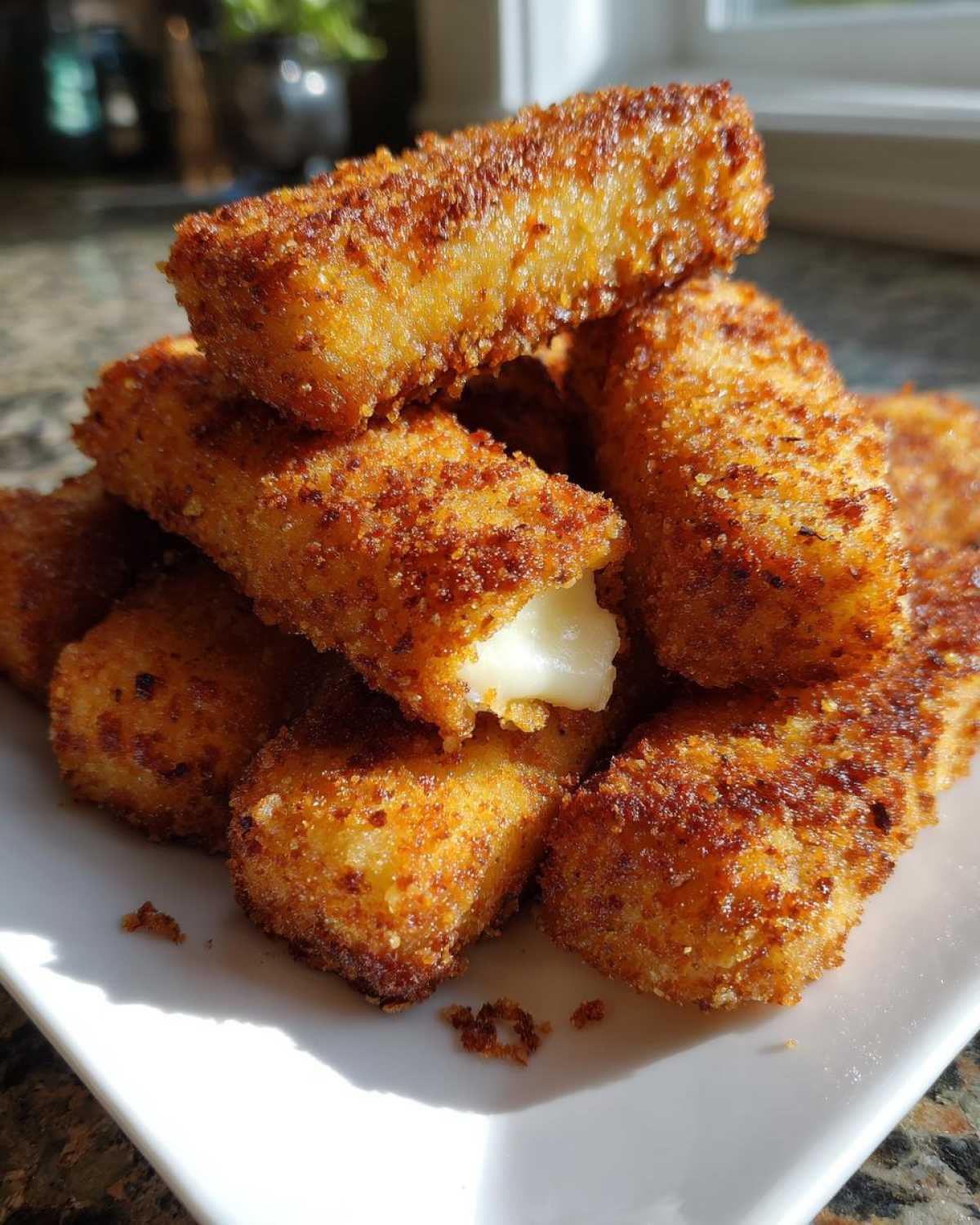 A pile of crispy, golden-brown Air Fryer Mozzarella Sticks on a white plate, one showing melted cheese inside.