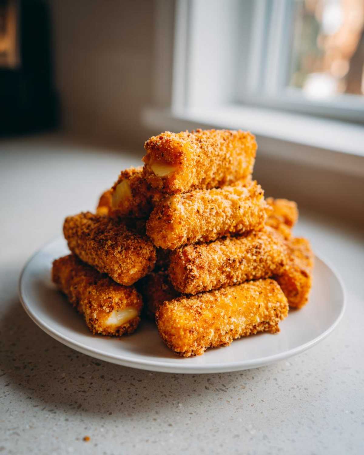 A stack of crispy, golden brown Air Fryer Mozzarella Sticks piled high on a white plate.