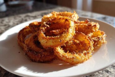 A close-up of golden brown, crispy Air Fryer Onion Rings piled high on a white plate, catching the sunlight.