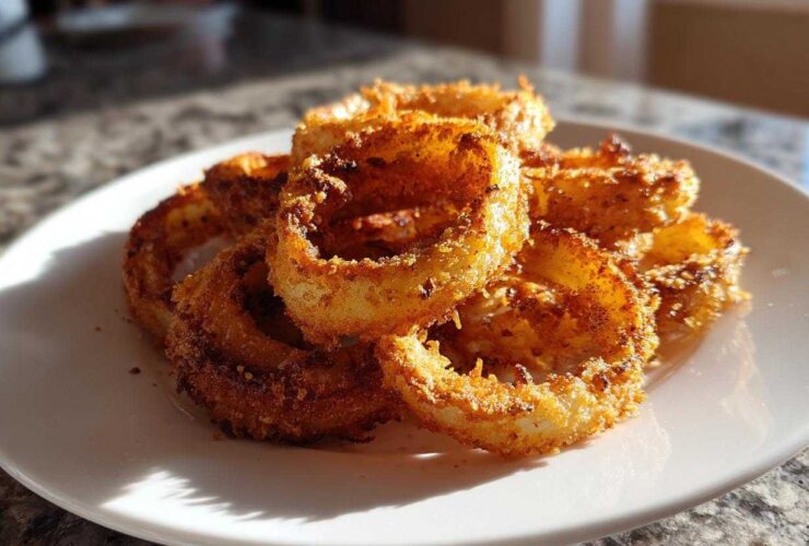 A close-up of golden brown, crispy Air Fryer Onion Rings piled high on a white plate, catching the sunlight.