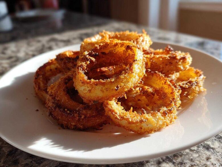 A close-up of golden brown, crispy Air Fryer Onion Rings piled high on a white plate, catching the sunlight.