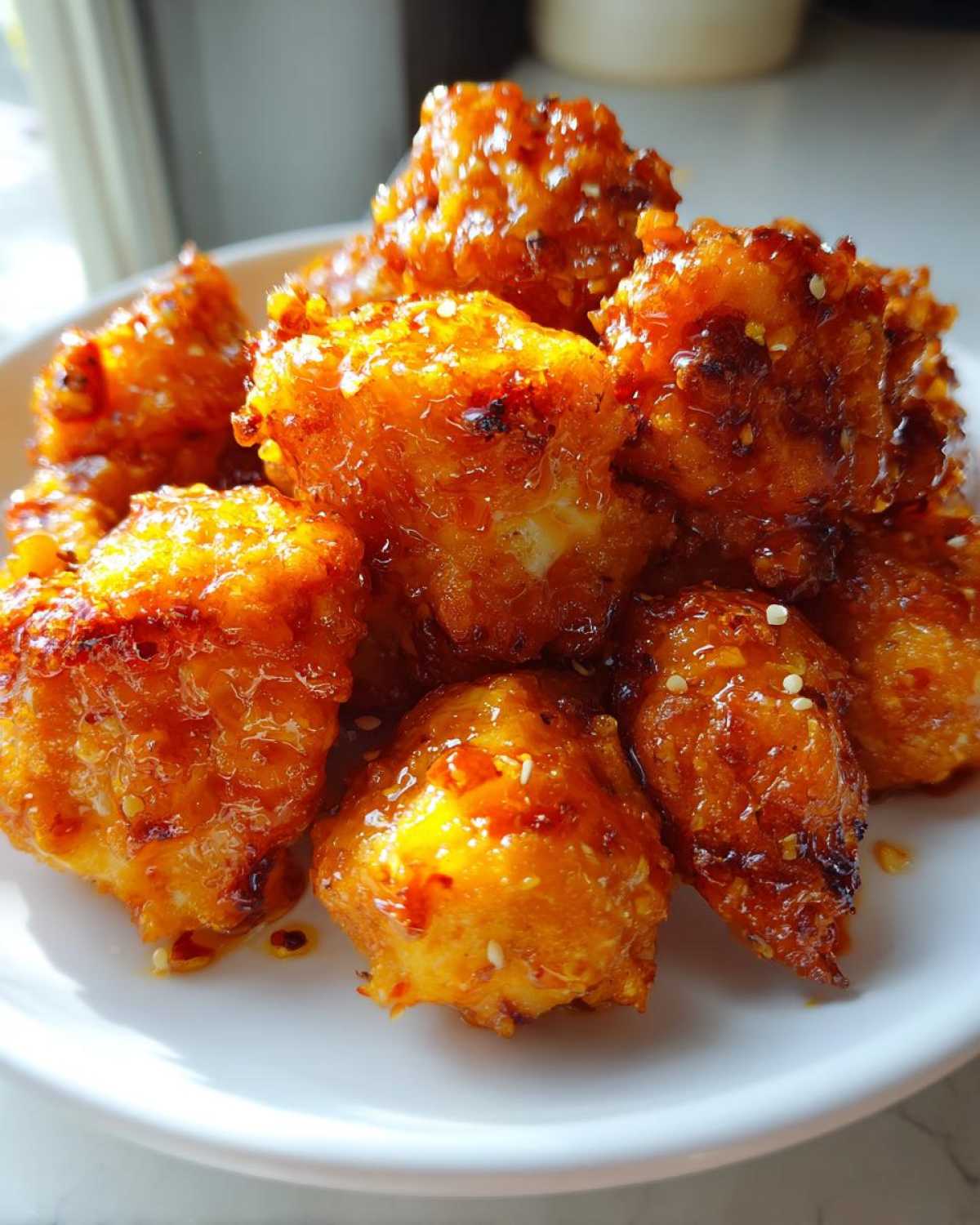 Close-up of crispy, glazed pieces of Air Fryer Orange Chicken sprinkled with sesame seeds on a white plate.