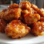Close-up of crispy, glazed pieces of Air Fryer Orange Chicken piled high on a white plate, sprinkled with sesame seeds.
