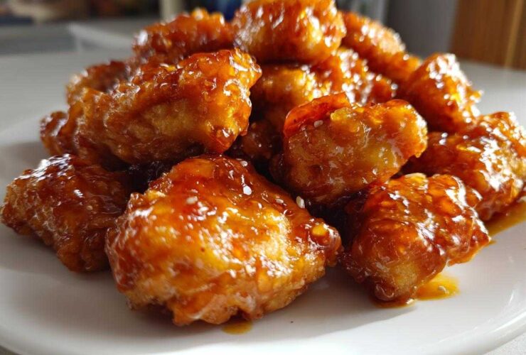 Close-up of crispy, glazed pieces of Air Fryer Orange Chicken piled high on a white plate, sprinkled with sesame seeds.
