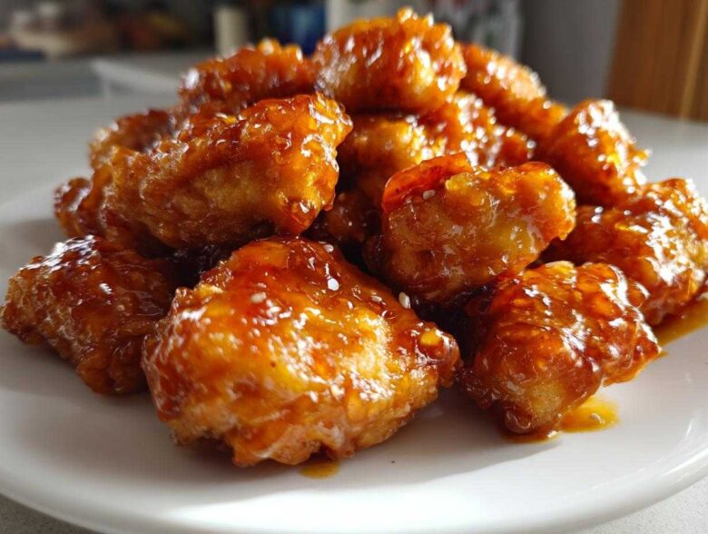 Close-up of crispy, glazed pieces of Air Fryer Orange Chicken piled high on a white plate, sprinkled with sesame seeds.