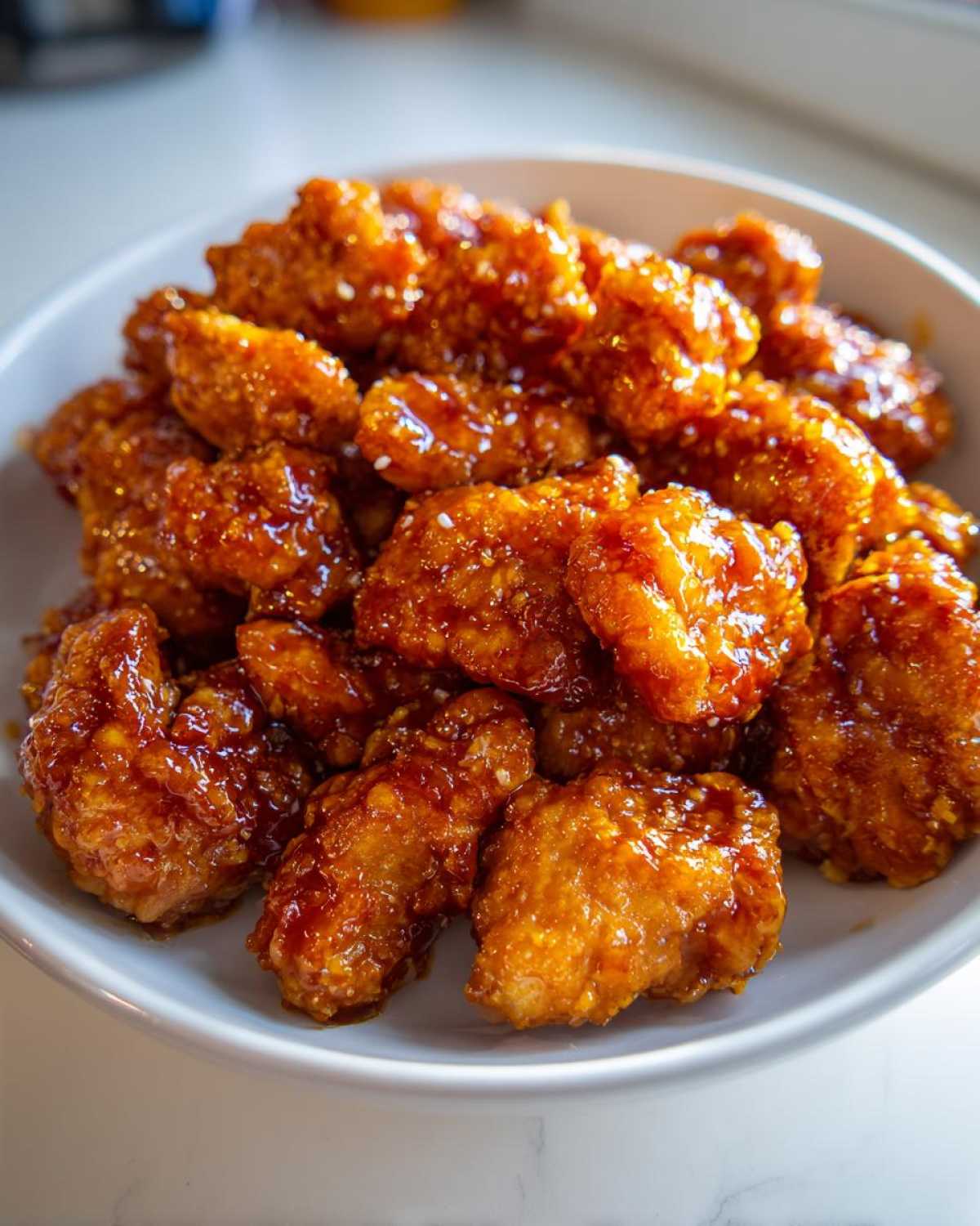 Close-up of crispy, glazed Air Fryer Orange Chicken pieces piled high in a white serving bowl.