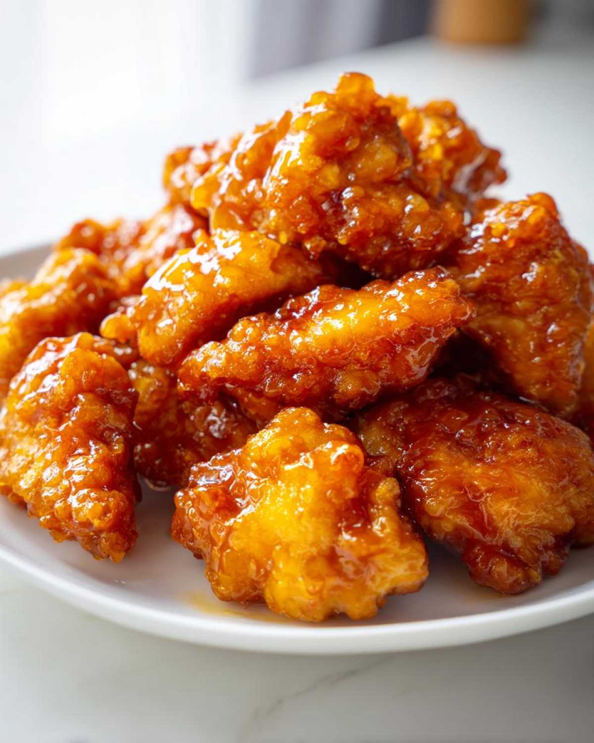 Close-up of crispy, glazed pieces of Air Fryer Orange Chicken piled high on a white plate.