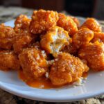 A pile of crispy Air Fryer Salmon Bites coated in bright orange Bang Bang Sauce on a white plate.