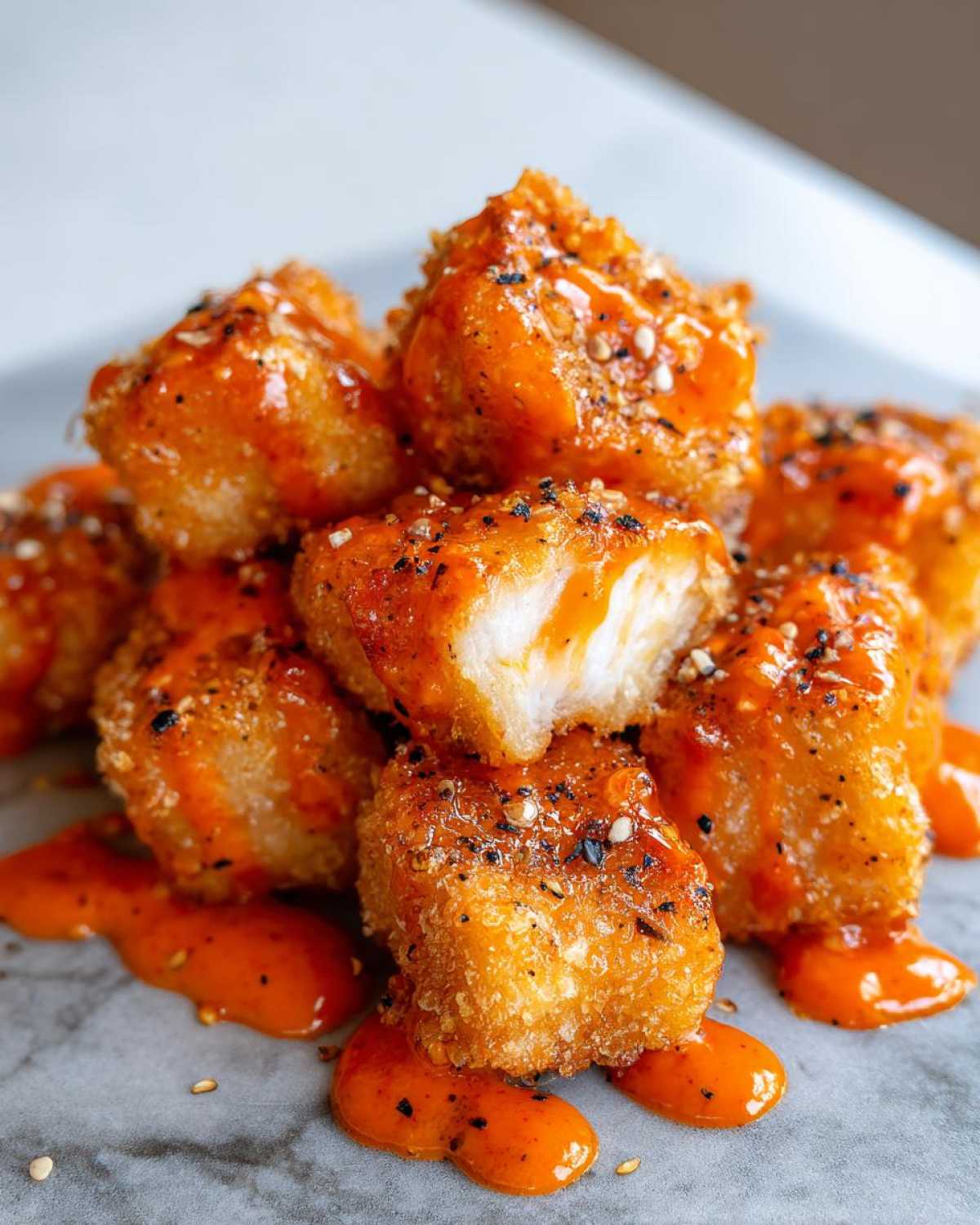 Close-up of crispy Air Fryer Salmon Bites drizzled with orange Bang Bang Sauce and sprinkled with seasoning.