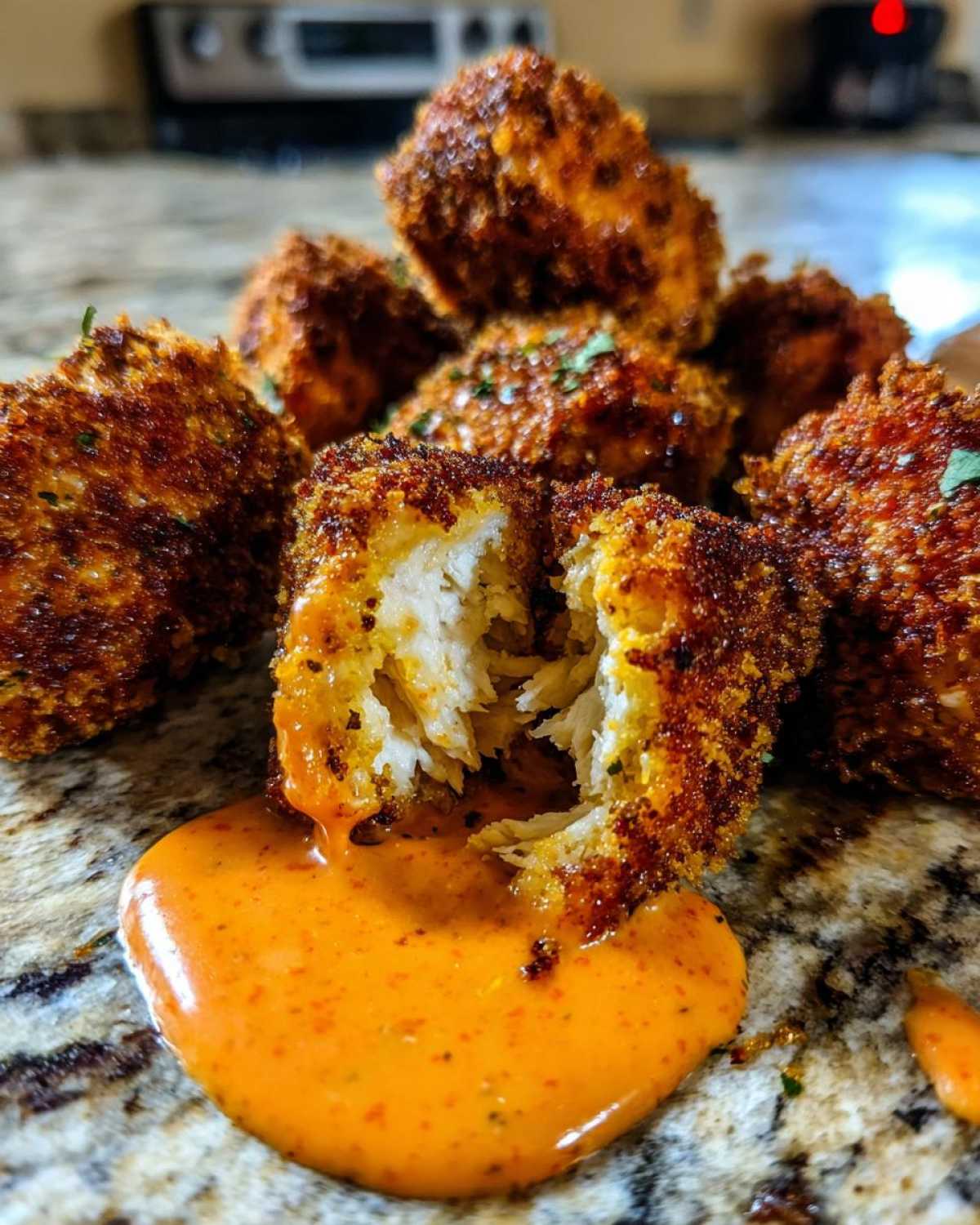 Close-up of crispy Air Fryer Salmon Bites dipped in orange Bang Bang Sauce, one bite is broken open.