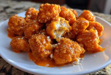 A pile of crispy Air Fryer Salmon Bites coated in bright orange Bang Bang Sauce on a white plate.