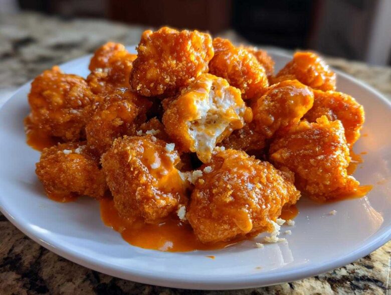 A pile of crispy Air Fryer Salmon Bites coated in bright orange Bang Bang Sauce on a white plate.