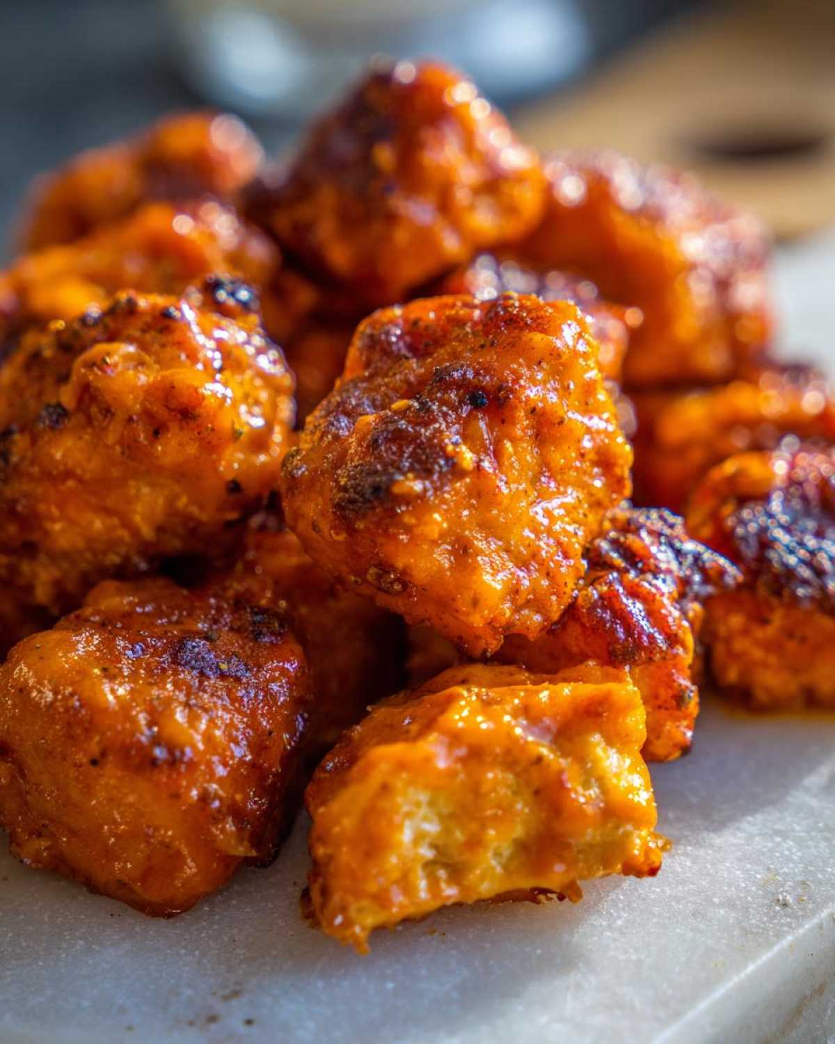 Close-up of crispy, saucy Air Fryer Salmon Bites piled on a light surface.