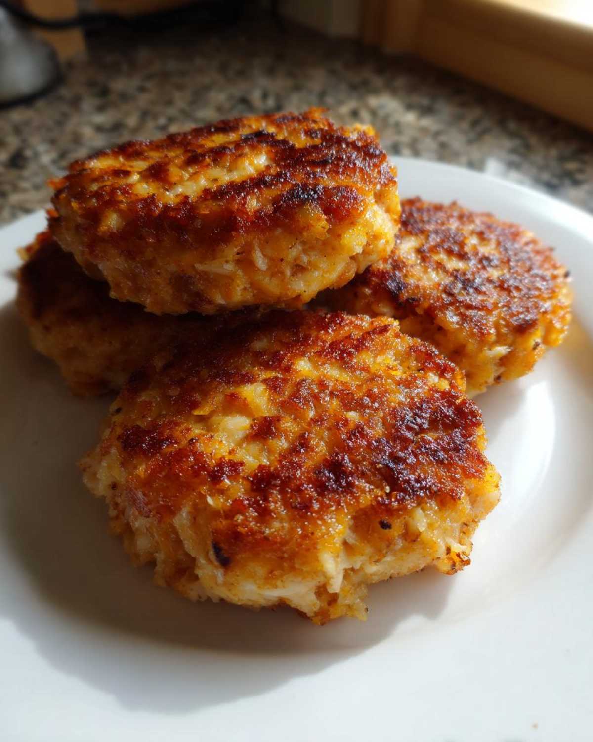 Four golden brown, crispy Air Fryer Salmon Patties stacked closely together on a white plate.