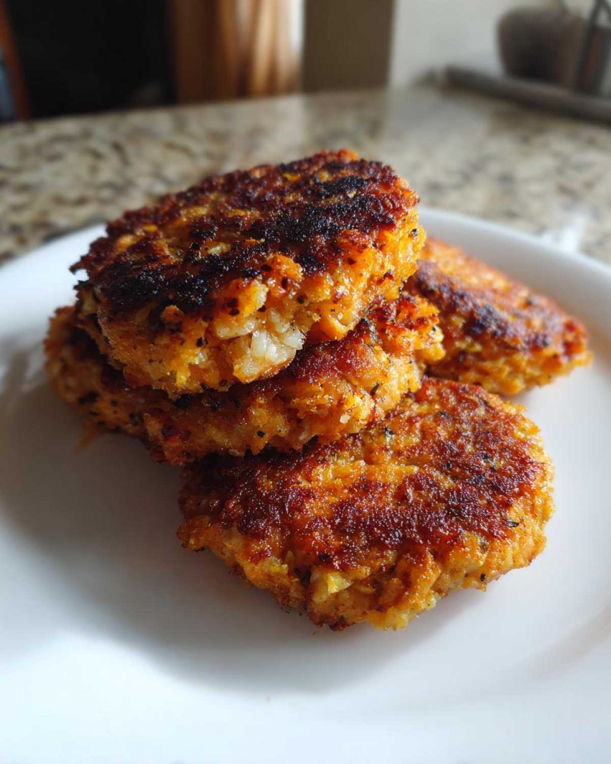 A stack of four golden-brown, crispy Air Fryer Salmon Patties resting on a white plate.