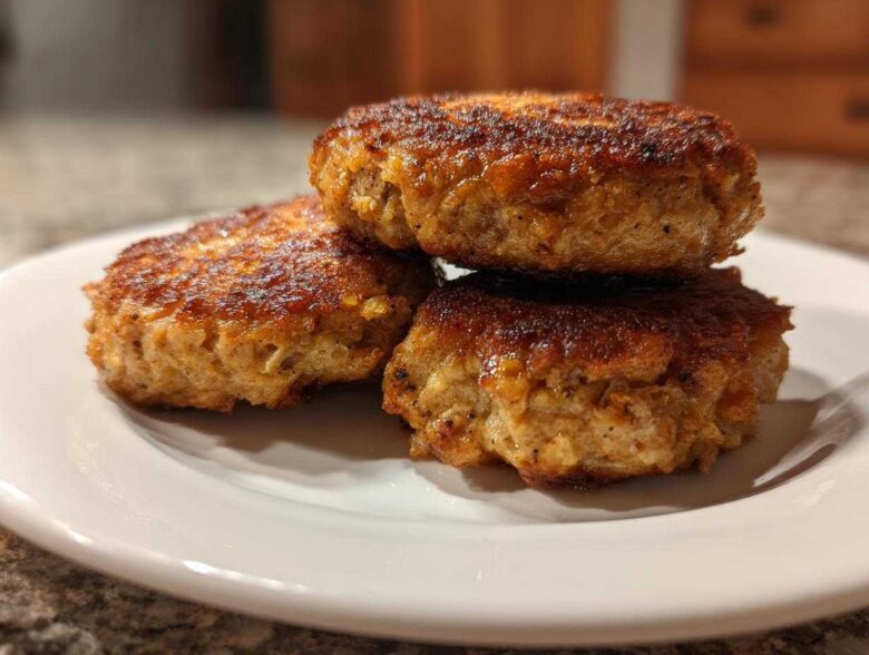 Three perfectly cooked Air Fryer Salmon Patties stacked on a white plate, showing a golden-brown, crispy exterior.