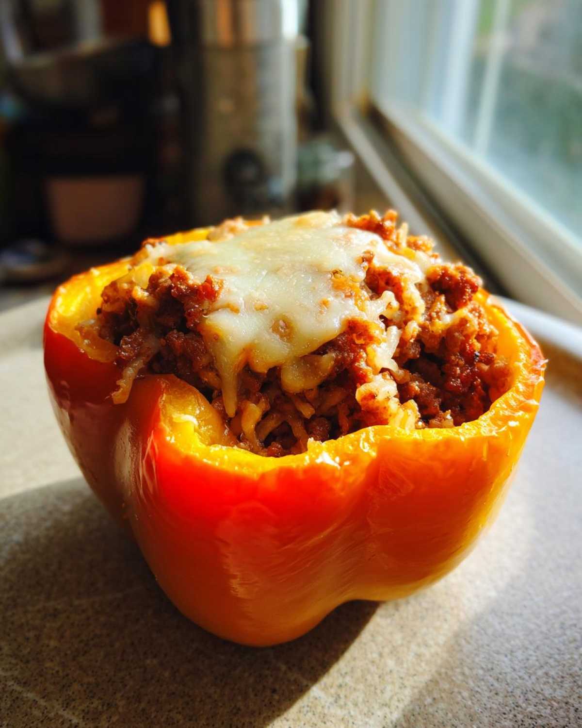 Close-up of a single, bright orange Air Fryer Stuffed Bell Pepper topped with melted cheese.