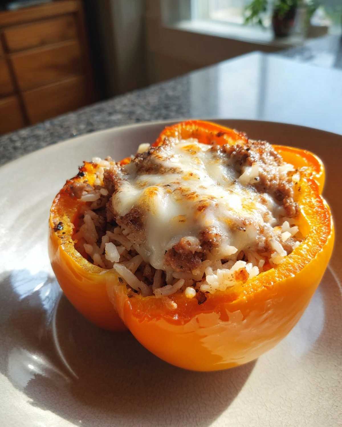 Close-up of a bright orange Air Fryer Stuffed Bell Peppers half filled with meat and rice, topped with melted white cheese.