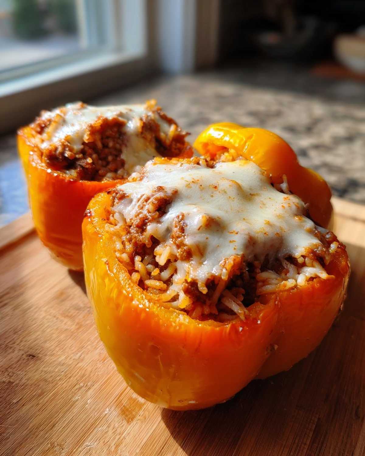 Two golden yellow Air Fryer Stuffed Bell Peppers filled with meat and rice, topped with melted white cheese.