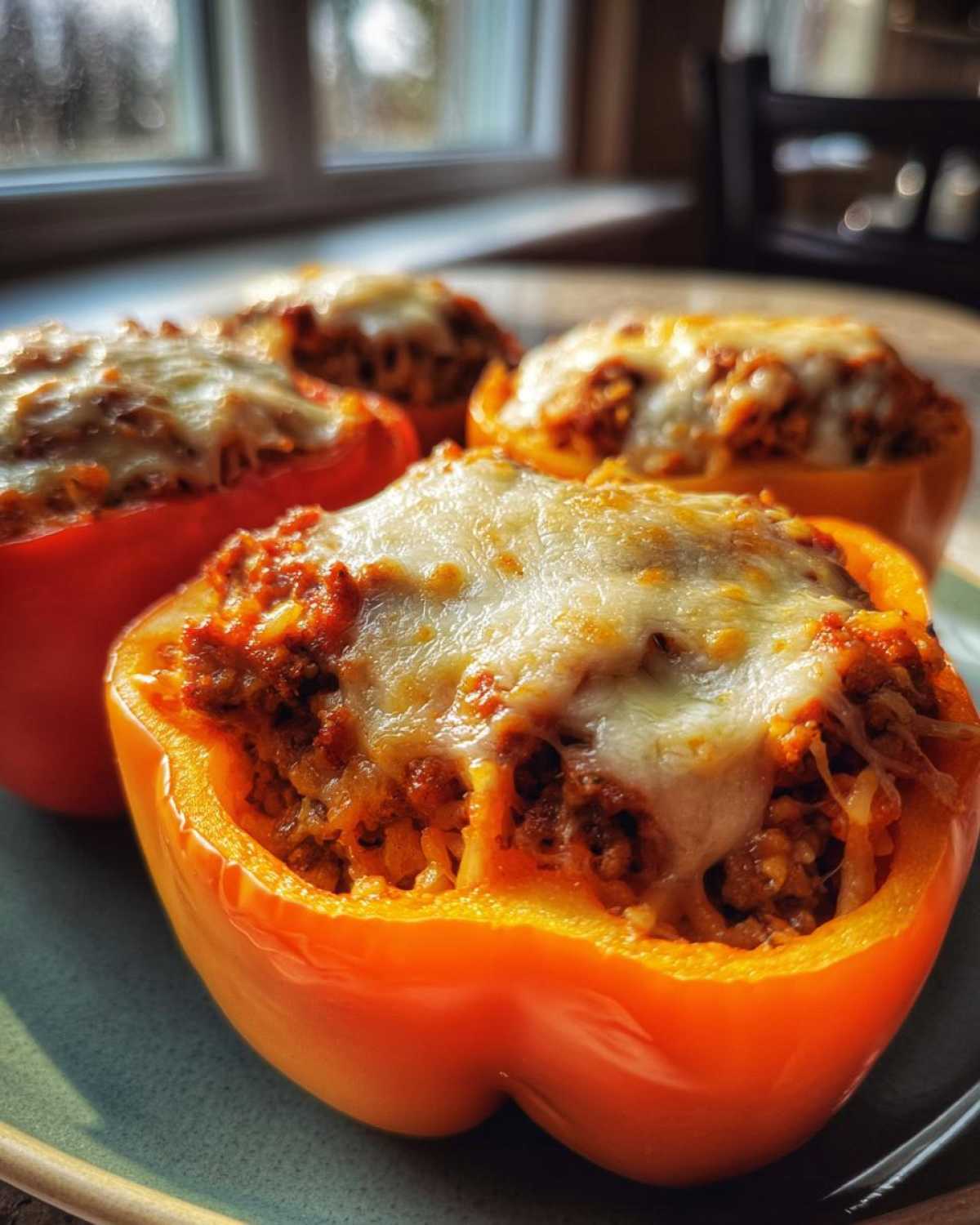 Close-up of delicious Air Fryer Stuffed Bell Peppers topped with melted cheese.