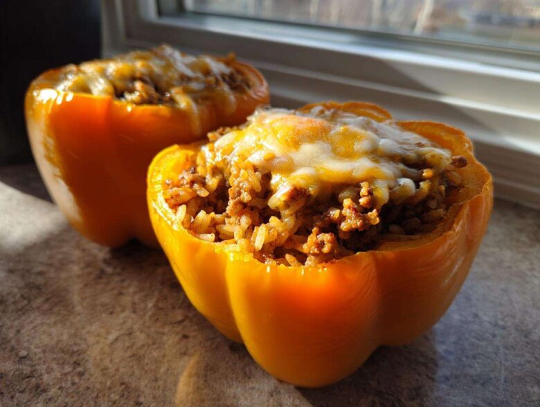 Two bright yellow Air Fryer Stuffed Bell Peppers filled with seasoned rice and meat, topped with melted cheese.