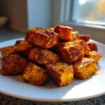 A mound of golden brown, seasoned Air Fryer Sweet Potato Cubes piled high on a white plate.