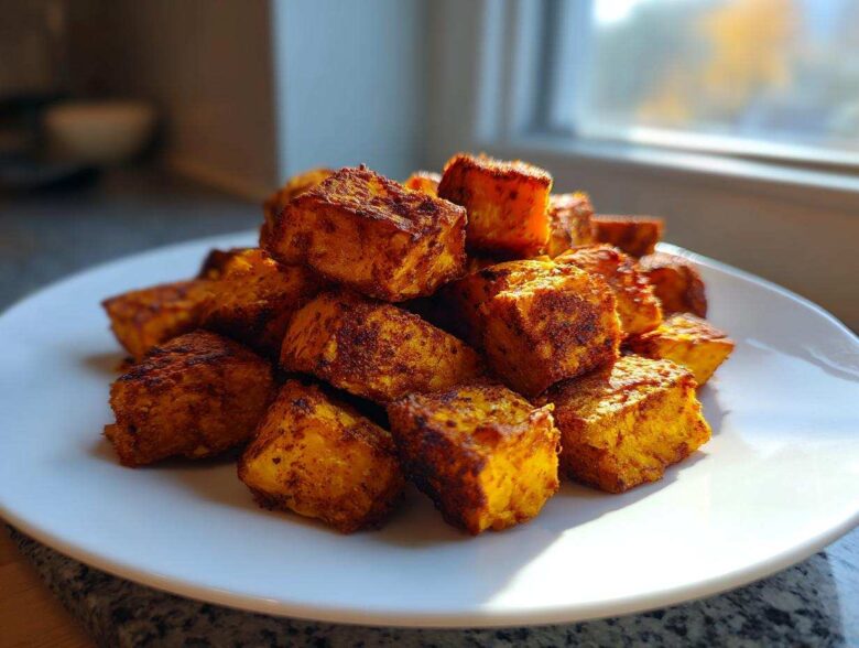 A mound of golden brown, seasoned Air Fryer Sweet Potato Cubes piled high on a white plate.