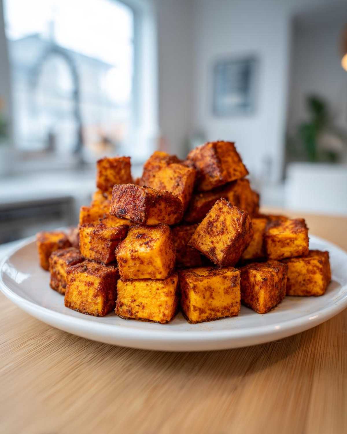 A mound of perfectly seasoned Air Fryer Sweet Potato Cubes piled high on a white plate.