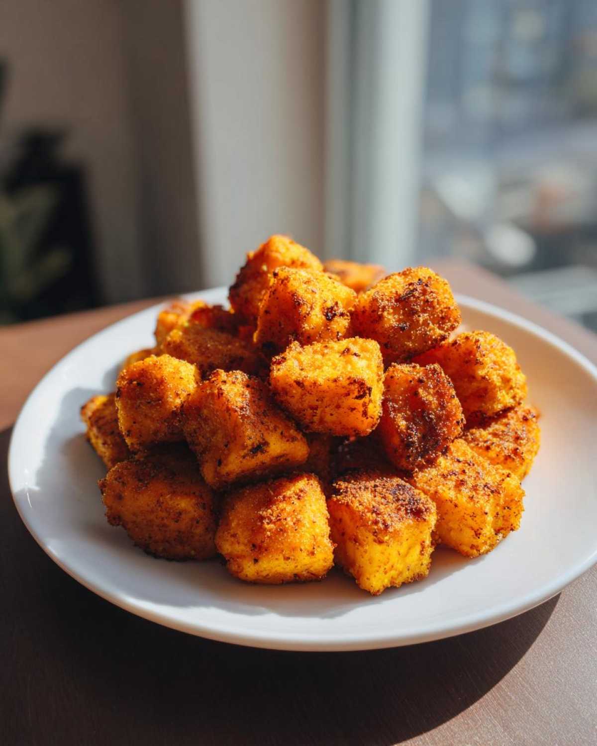 A mound of golden brown, seasoned Air Fryer Sweet Potato Cubes piled high on a white plate.