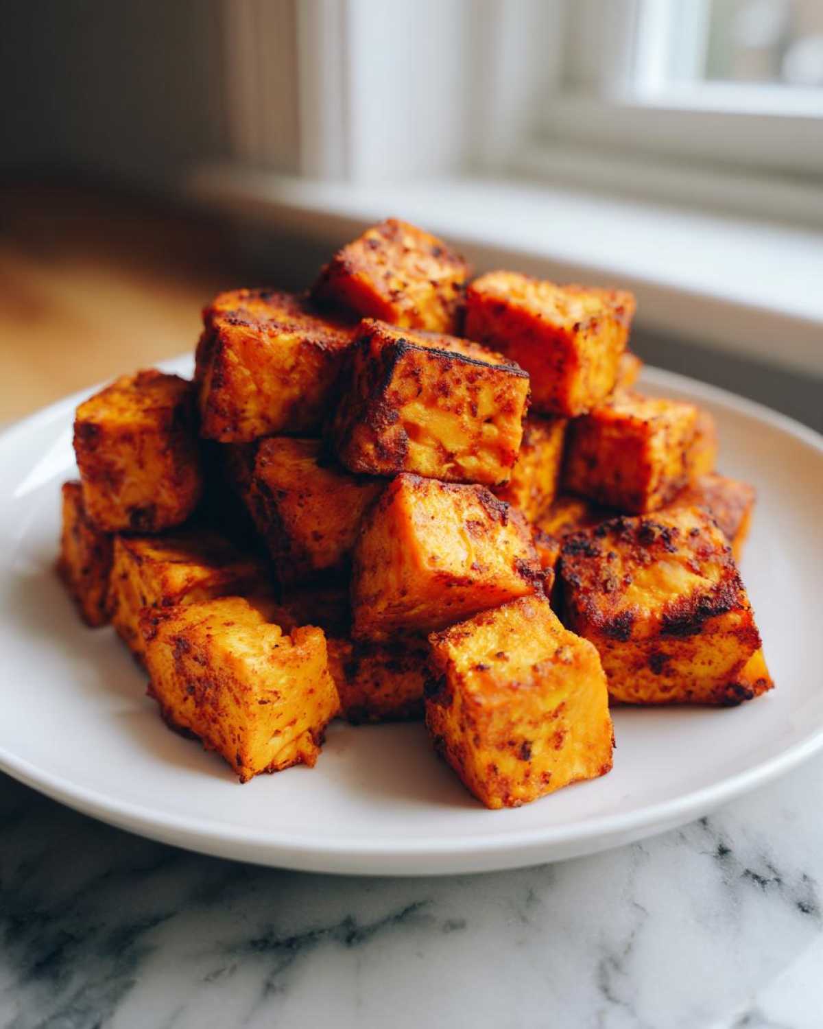 A pile of crispy, seasoned Air Fryer Sweet Potato Cubes stacked on a white plate.