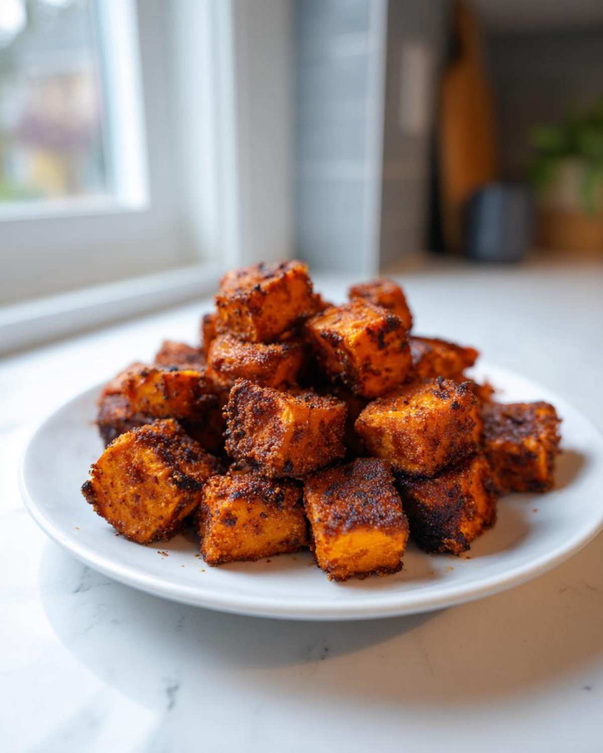 A mound of crispy, seasoned Air Fryer Sweet Potato Cubes piled high on a white plate.