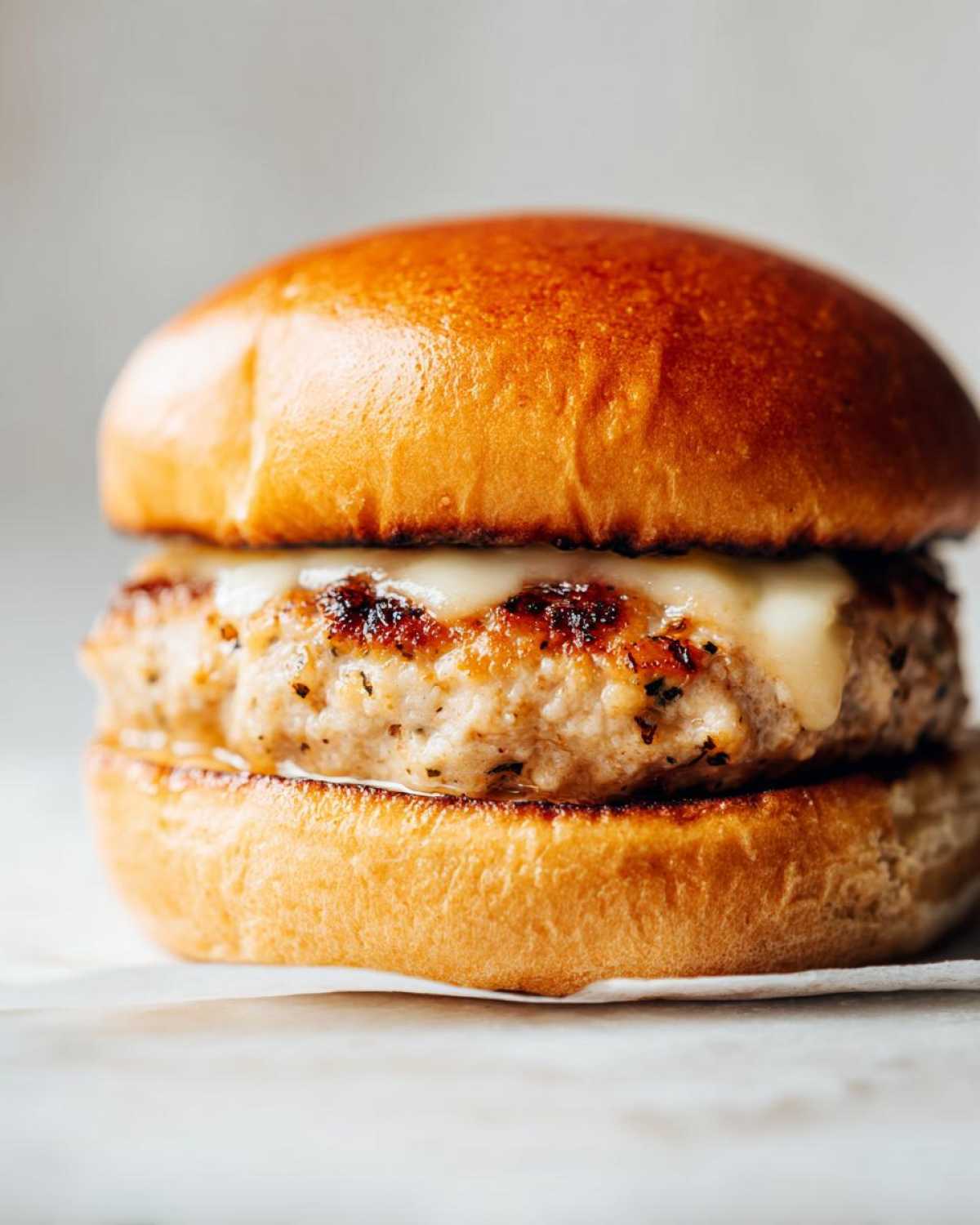 Close-up of a juicy Air Fryer Turkey Burger patty topped with melted white cheese on a toasted brioche bun.