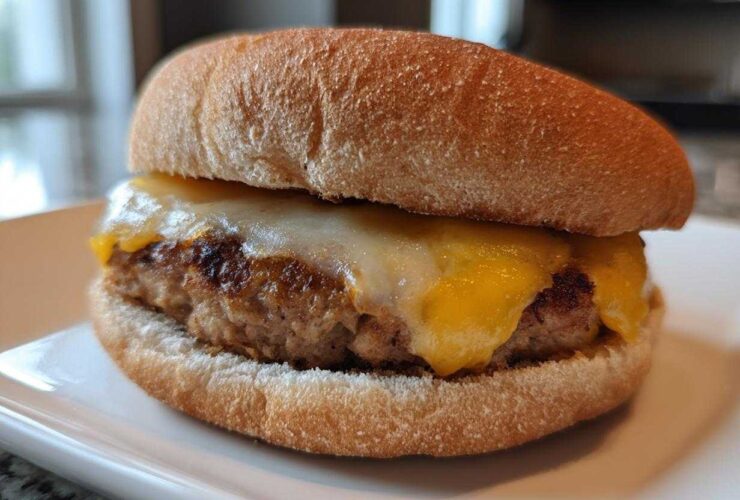 Close-up of a juicy Air Fryer Turkey Burger topped with melted white and yellow cheese on a whole wheat bun.