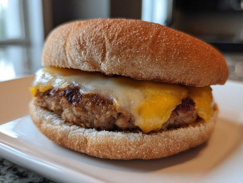 Close-up of a juicy Air Fryer Turkey Burger topped with melted white and yellow cheese on a whole wheat bun.