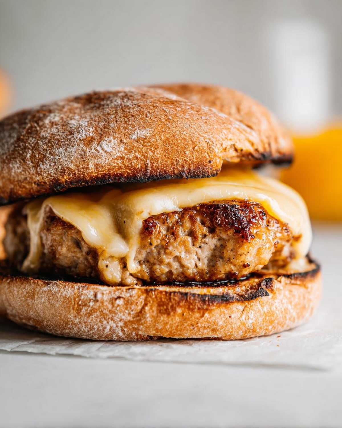 Close-up of a juicy Air Fryer Turkey Burgers patty topped with melted cheese on a toasted bun.