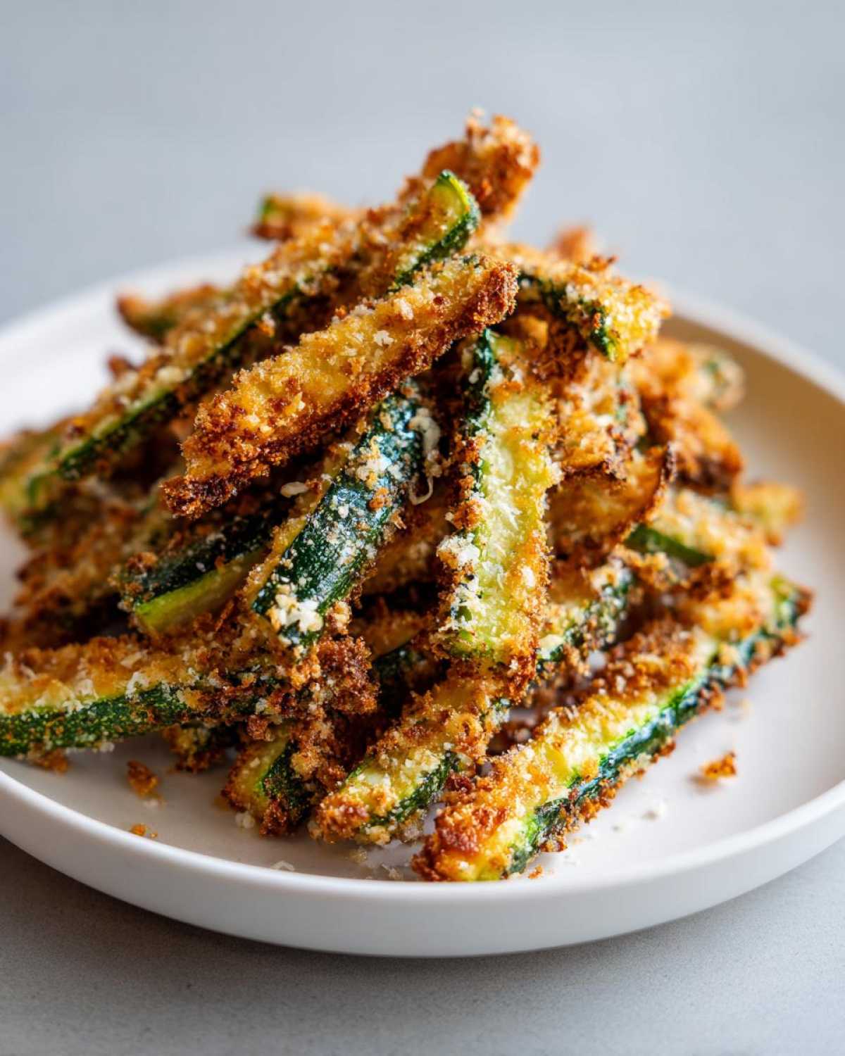 A close-up of a mound of crispy Air Fryer Zucchini Fries with Parmesan on a white plate.