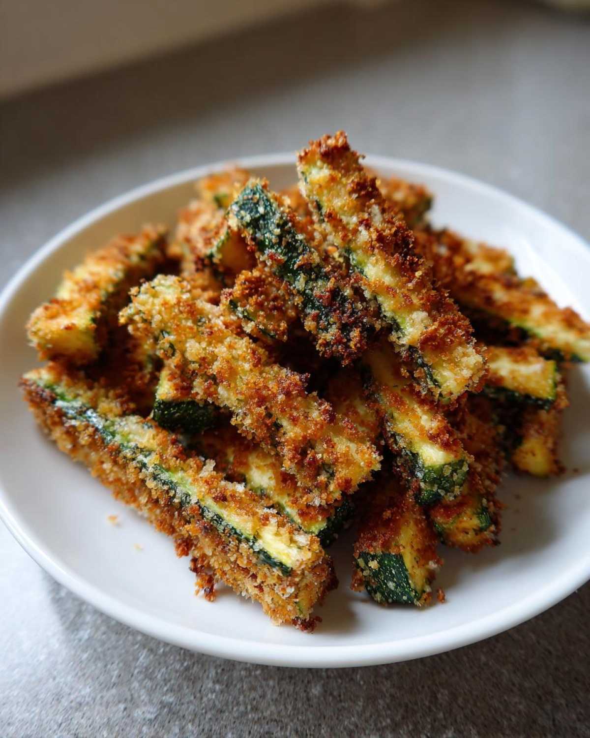 A pile of crispy, golden brown Air Fryer Zucchini Fries with Parmesan served on a white plate.