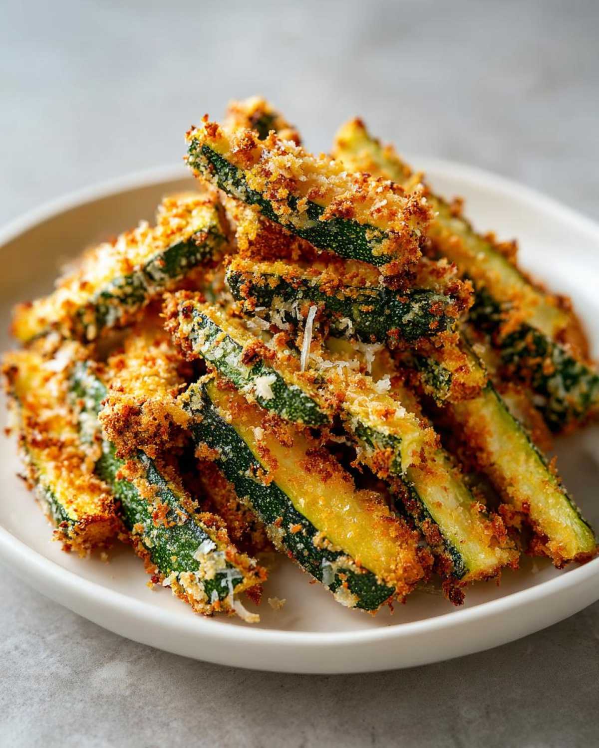 A close-up of a pile of crispy Air Fryer Zucchini Fries with Parmesan stacked high on a white plate.