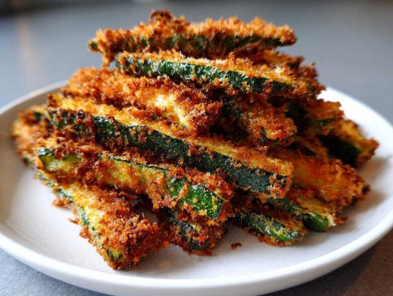 A close-up stack of crispy, golden-brown Air Fryer Zucchini Fries with Parmesan piled high on a white plate.