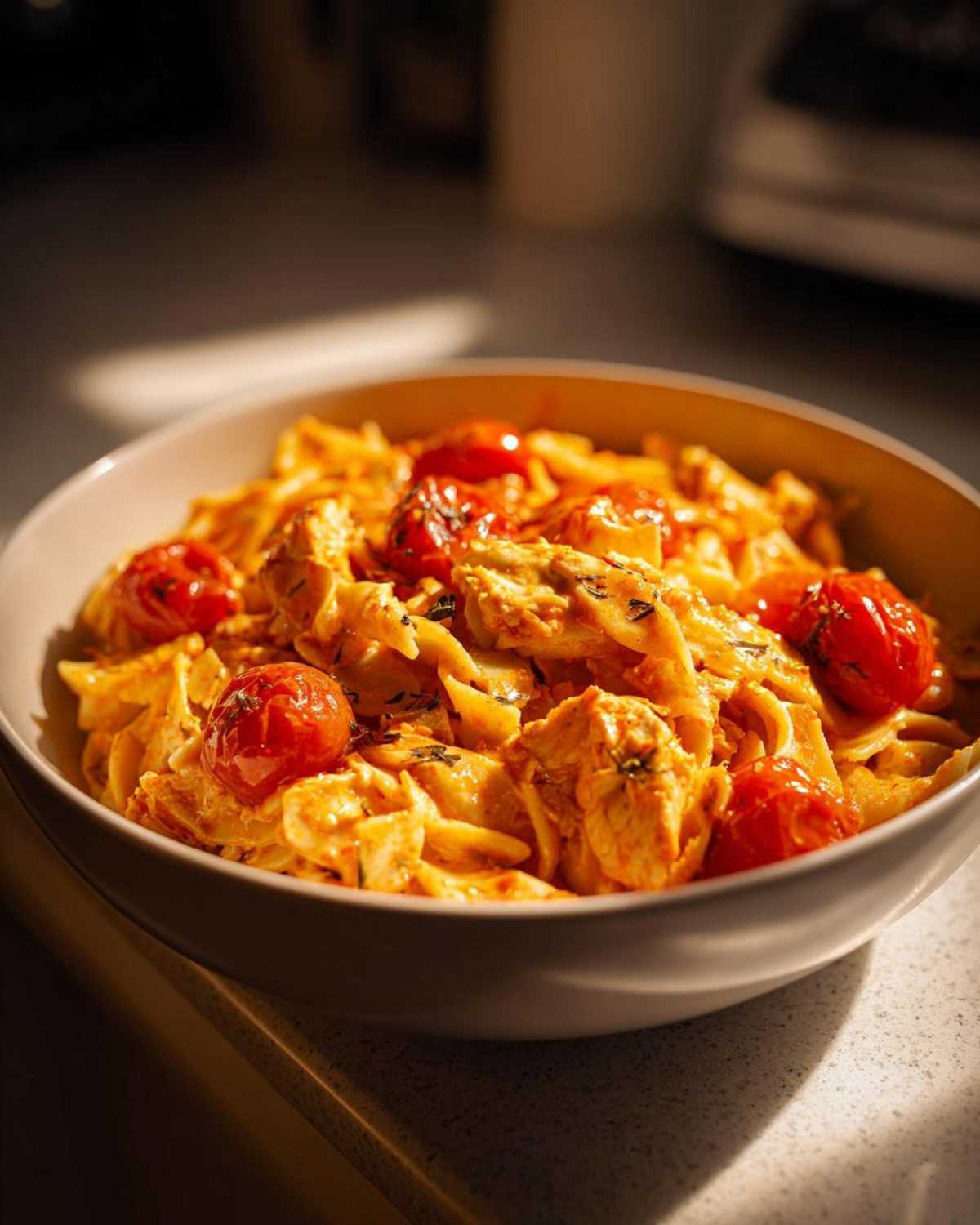 A close-up of creamy Baked Feta Pasta with roasted cherry tomatoes mixed with penne pasta in a light bowl.
