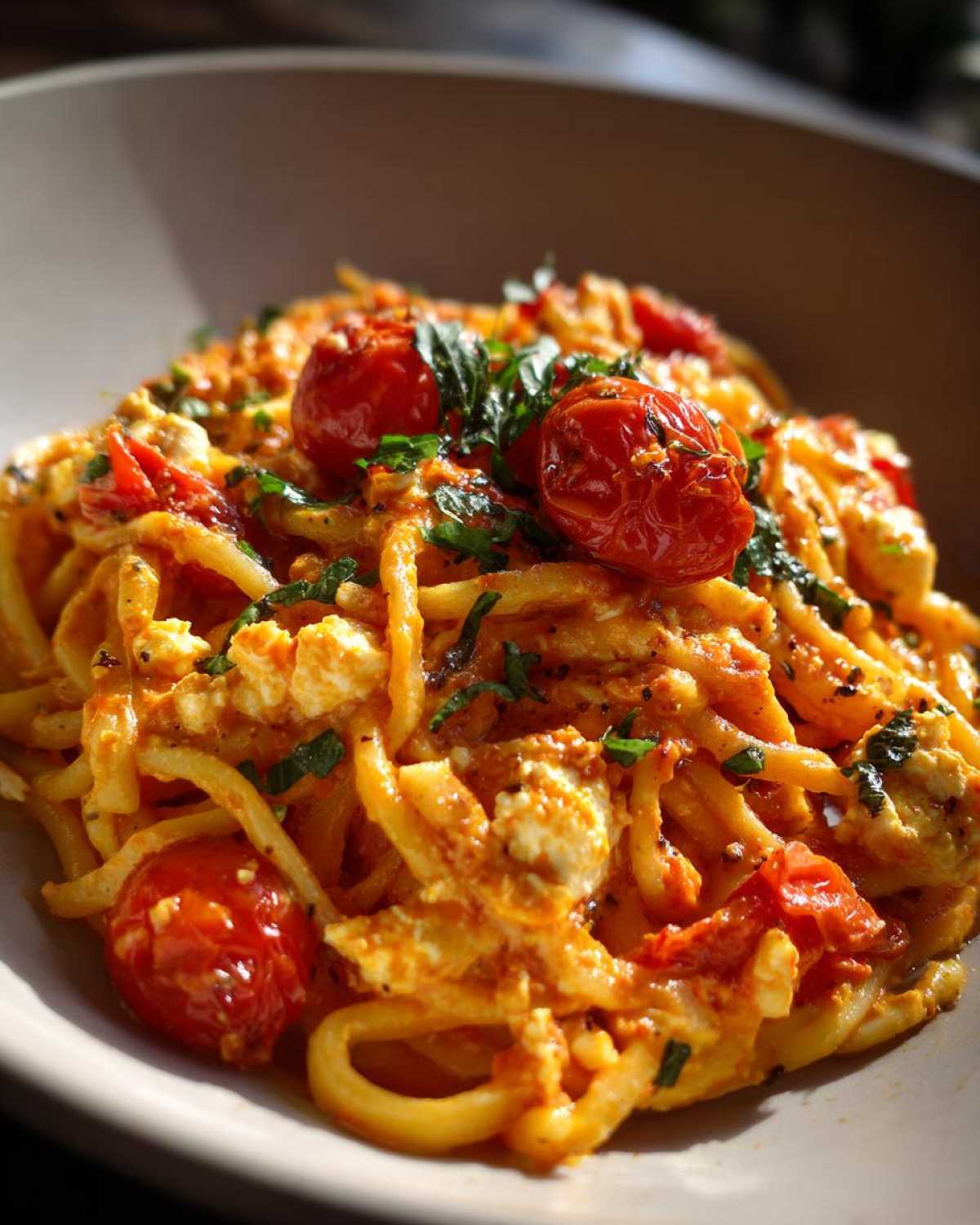 A close-up serving of creamy Baked Feta Pasta with cherry tomatoes and fresh herbs.
