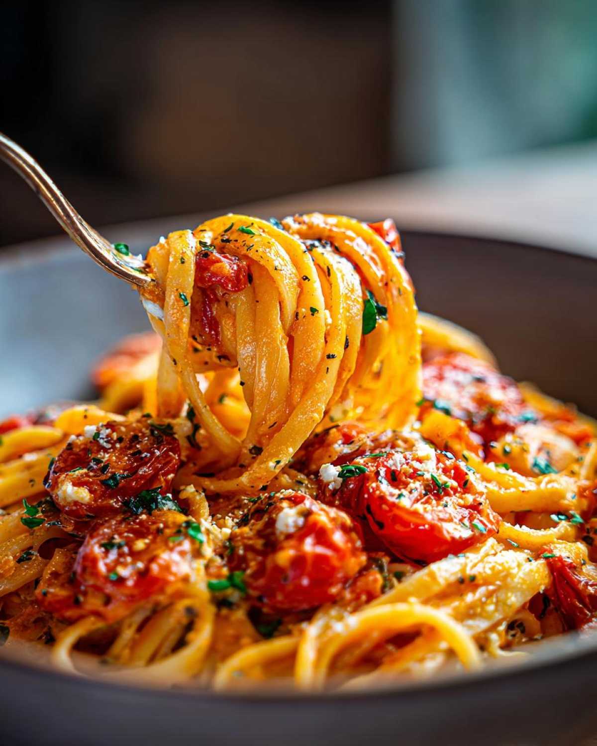 A fork lifting a swirl of fettuccine coated in creamy sauce, tomatoes, and feta from a bowl of Baked Feta Pasta with Cherry Tomatoes.