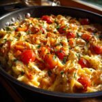 Close-up of creamy Baked Feta Pasta with cherry tomatoes and fresh herbs in a dark skillet.