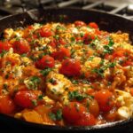 Close-up of creamy, baked feta pasta sauce featuring roasted cherry tomatoes and herbs in a cast iron skillet.